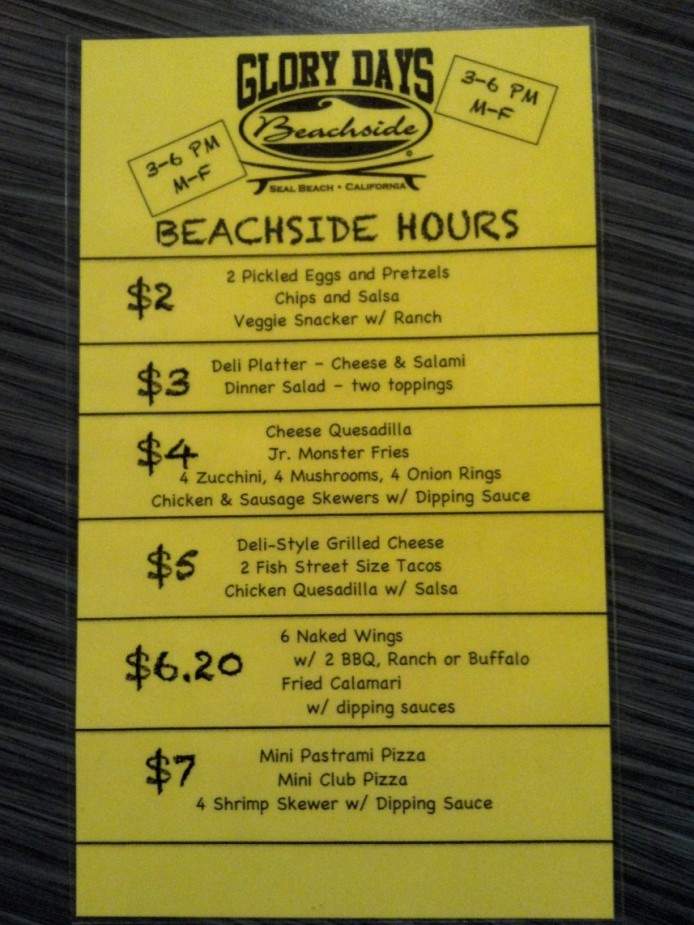 Glory Days Beachside Grill - Seal Beach, CA menu_pic