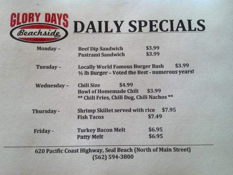 Glory Days Beachside Grill - Seal Beach, CA menu_pic
