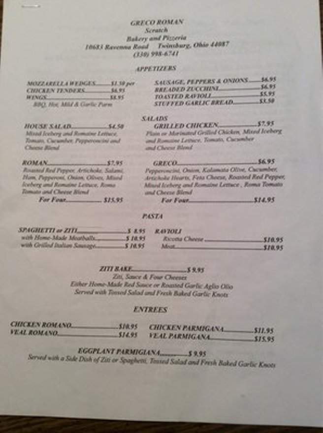 /380211932/Grecco-Roman-Scratch-Bakery-and-Pizzeria-Menu-Twinsburg-OH - Twinsburg, OH