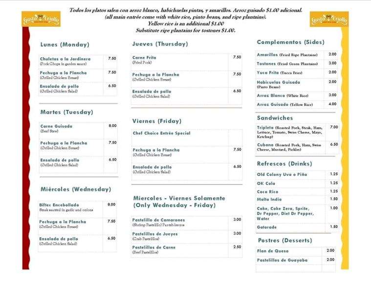 Gusto Criollo - San Antonio, TX menu_pic