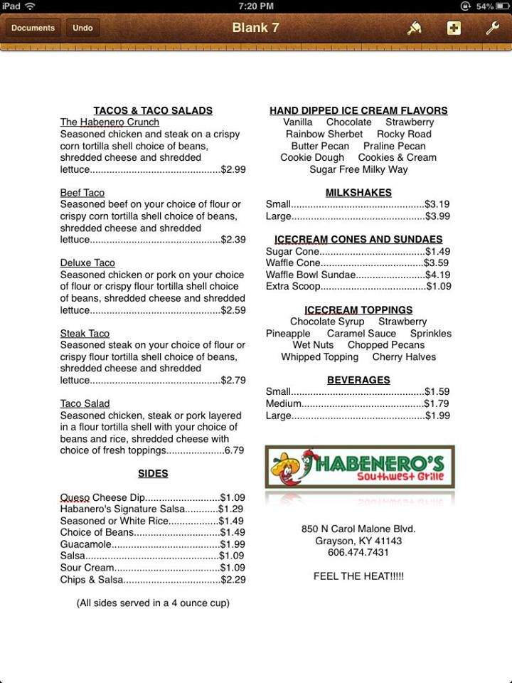 Habanero's Southwest Grille - Grayson, KY menu_pic