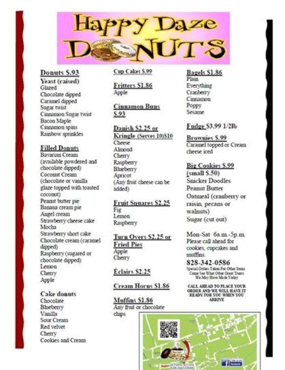 Happy Daze Donuts - Franklin, NC menu_pic