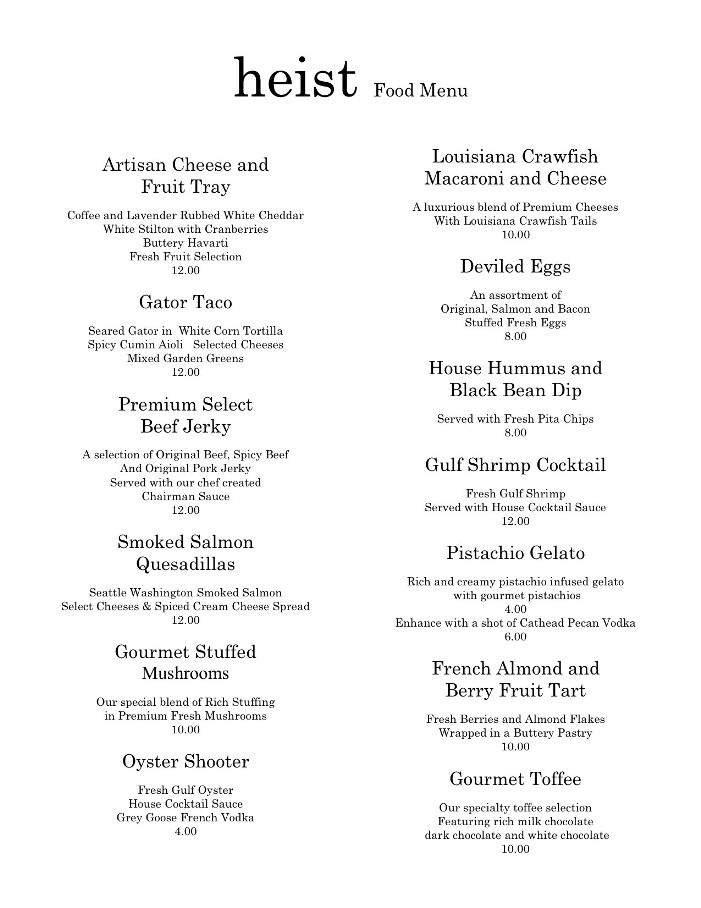Heist - Lake Charles, LA menu_pic