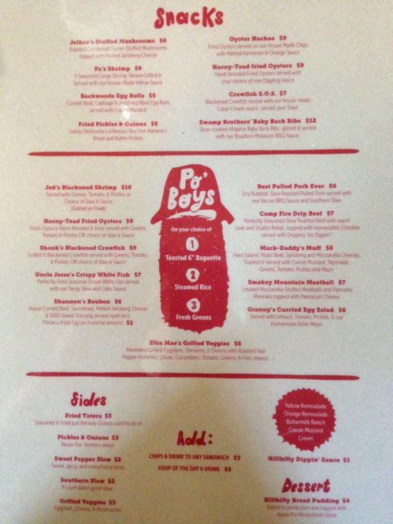 Hillbilly Po'boys and Oysters - Oklahoma City, OK menu_pic