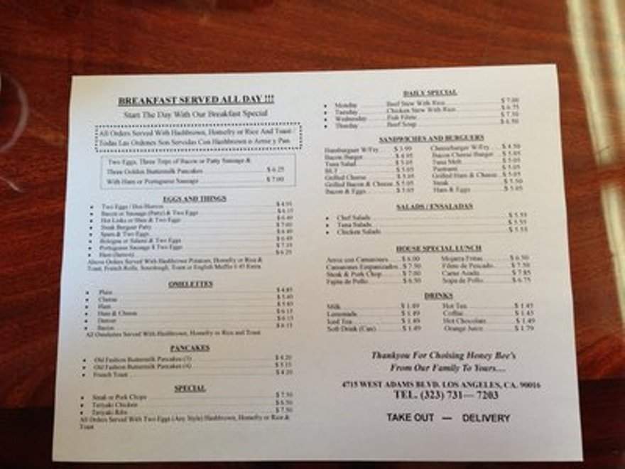 Honey Bee's House of Breakfast - Los Angeles, CA menu_pic