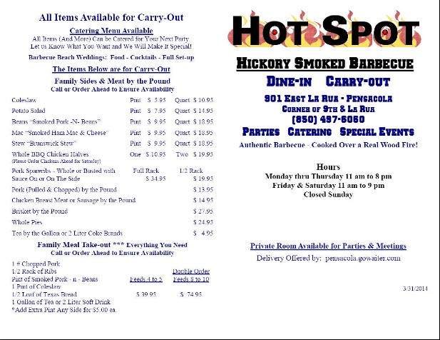 Hot Spot Barbecue - BBQ - Pensacola, FL menu_pic
