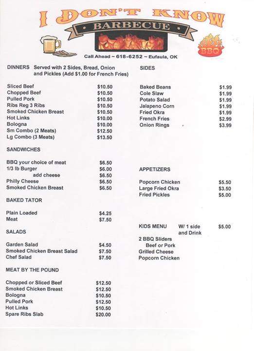 I Don't Know Barbeque - Eufaula, OK menu_pic