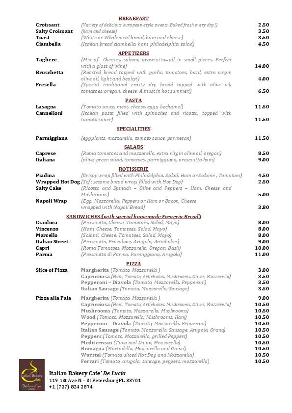 Italian Bakery Cafe De Lucia - St Petersburg, FL menu_pic