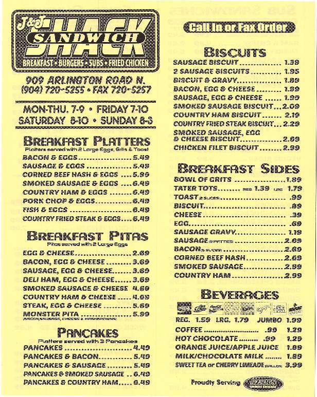 J & J Sandwich Shack - Jacksonville, FL menu_pic