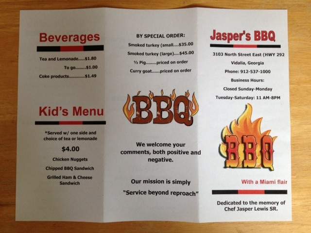 Jasper's Bar-B-Que - Vidalia, GA menu_pic