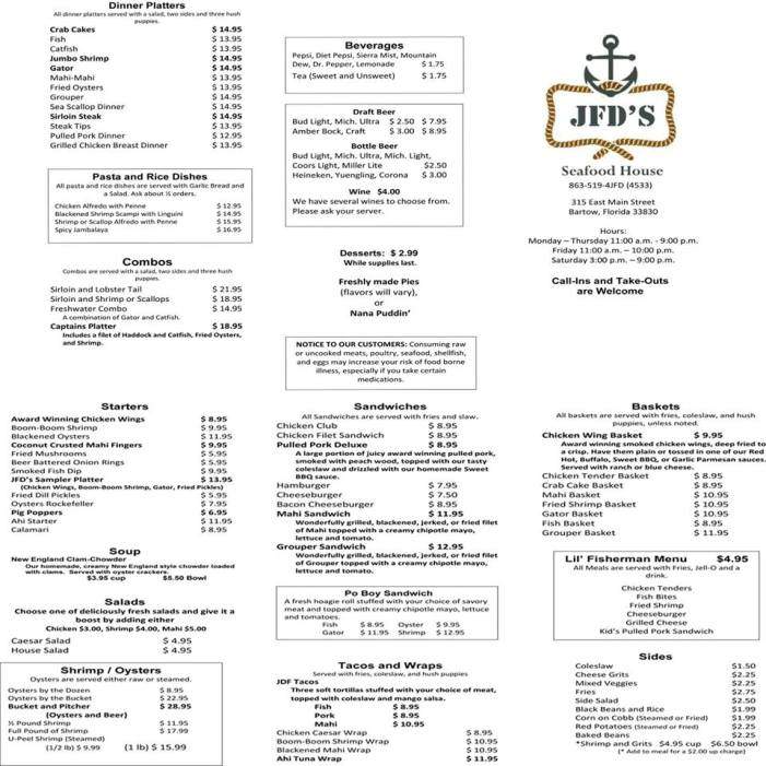 JFD's Seafood House - Bartow, FL menu_pic