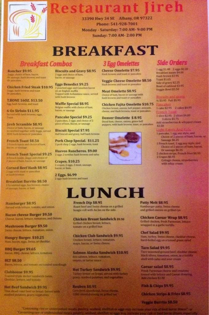 Jireh Restaurant - Albany, OR menu_pic