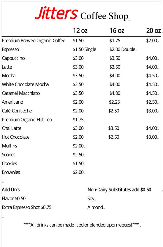 Jitters Coffee Shop - Taos, NM menu_pic