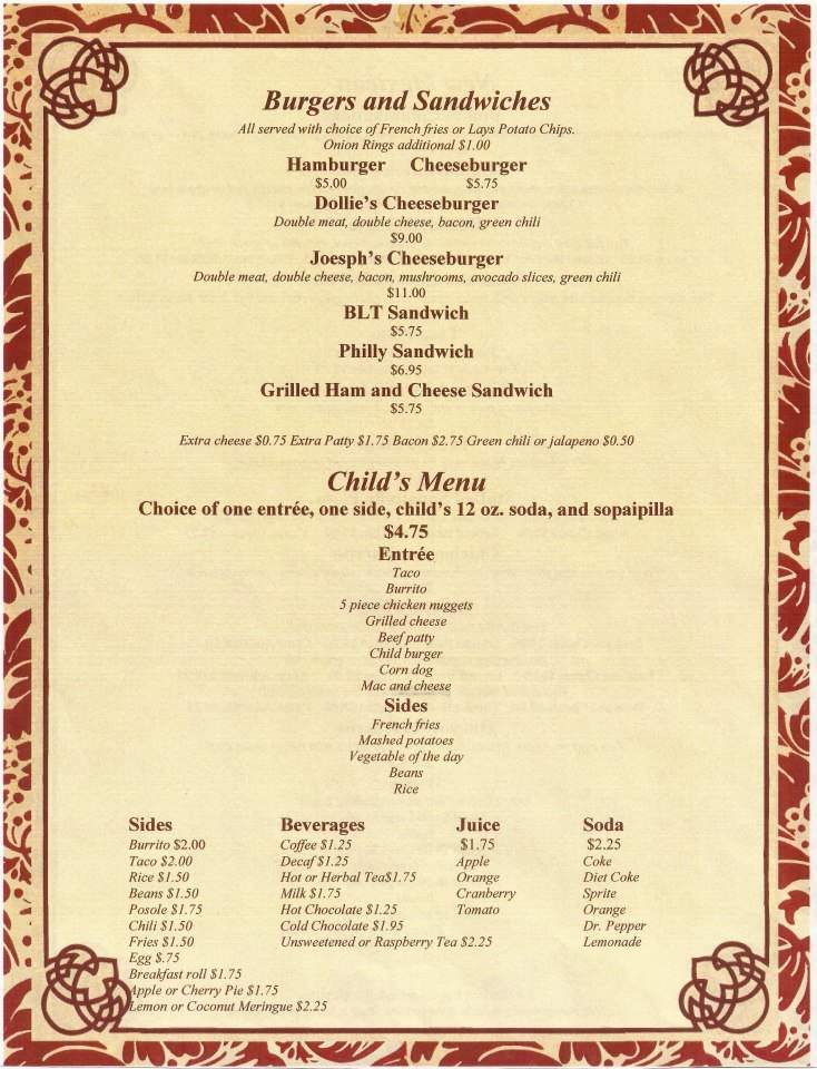 Joe B's Restaurant - Espanola, NM menu_pic
