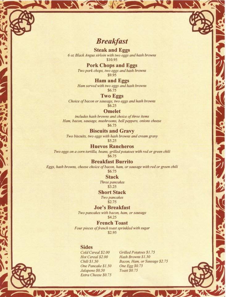 Joe B's Restaurant - Espanola, NM menu_pic