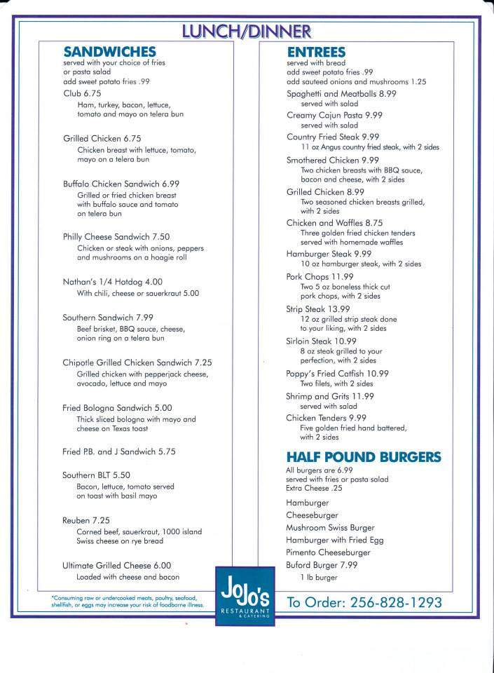 JoJo's Restaurant - Meridianville, AL menu_pic