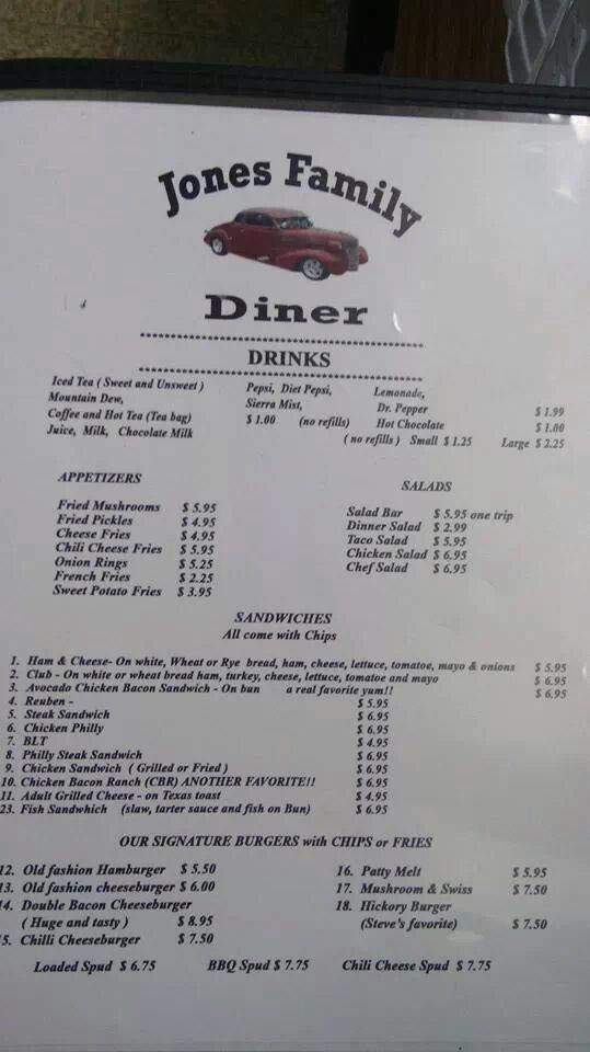 Jones Family Diner - Mannford, OK menu_pic