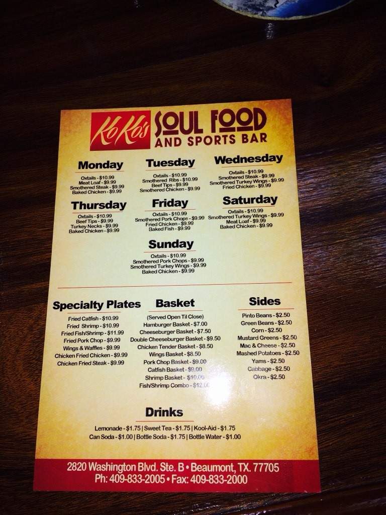 Koko's - Beaumont, TX menu_pic