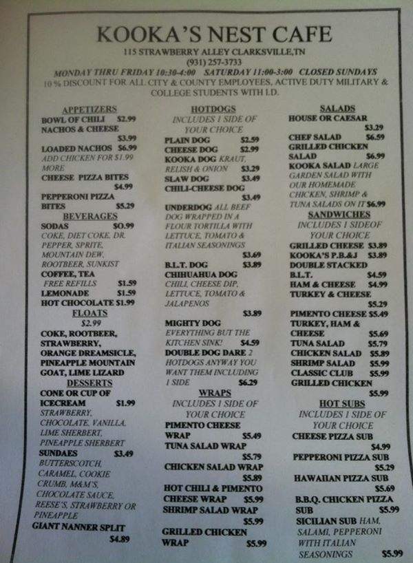 Kooka's Nest Cafe - Clarksville, TN menu_pic