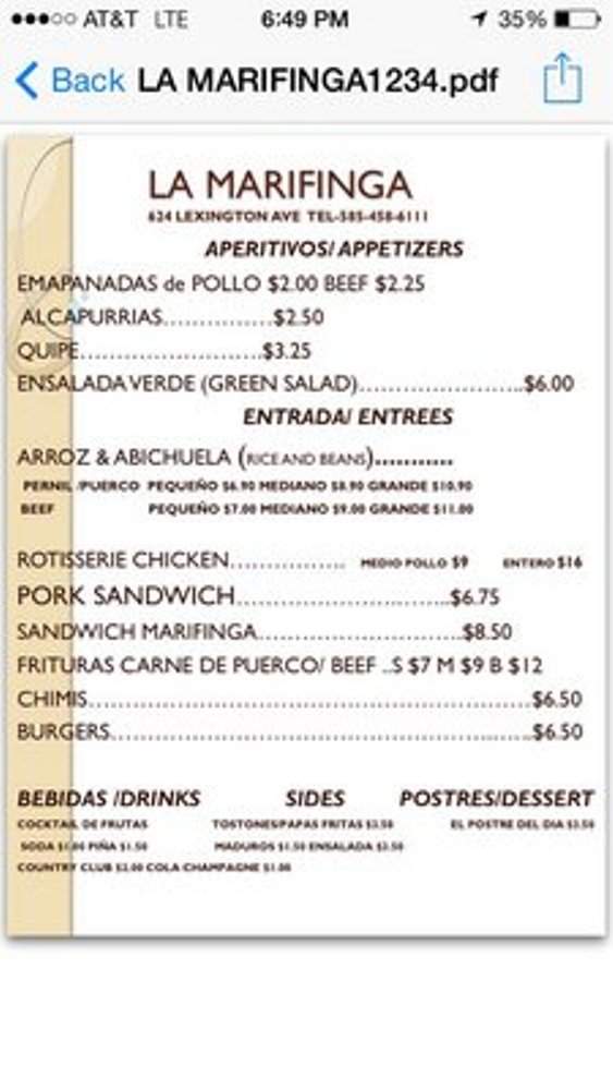 La Marifinga - Rochester, NY menu_pic