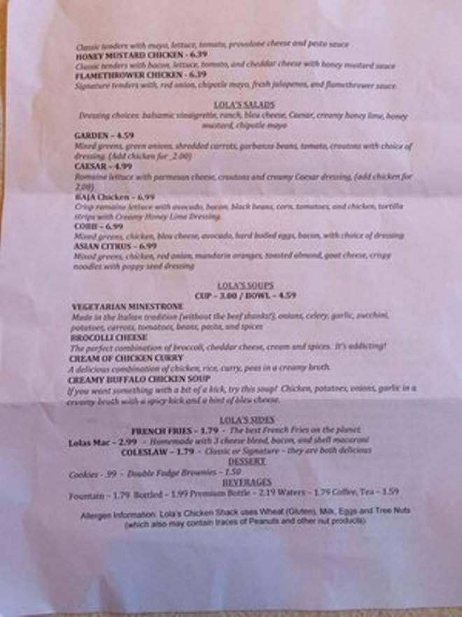 Lola's Chicken Shack - Alameda, CA menu_pic