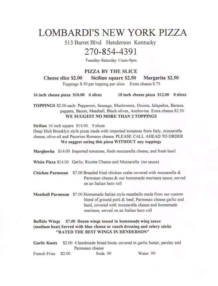 Lombardi's New York Pizza - Henderson, KY menu_pic
