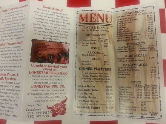 Lonestar BBQ Co. - Tioga, ND menu_pic