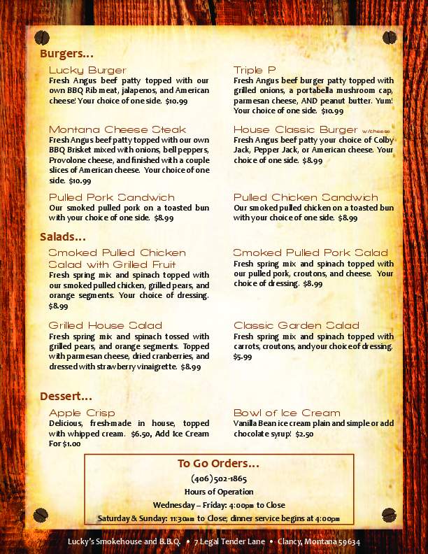 Lucky's Smokehouse and BBQ - Clancy, MT menu_pic