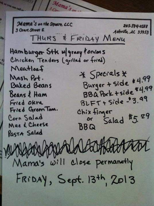 Mama's on the Square - Ashville, AL menu_pic