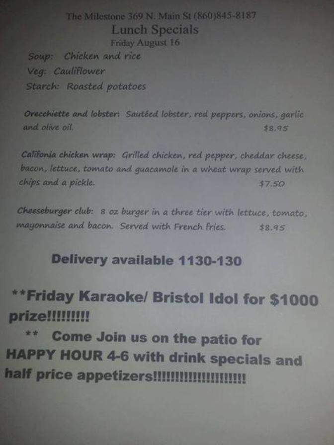Milestone Restaurant - Bristol, CT menu_pic