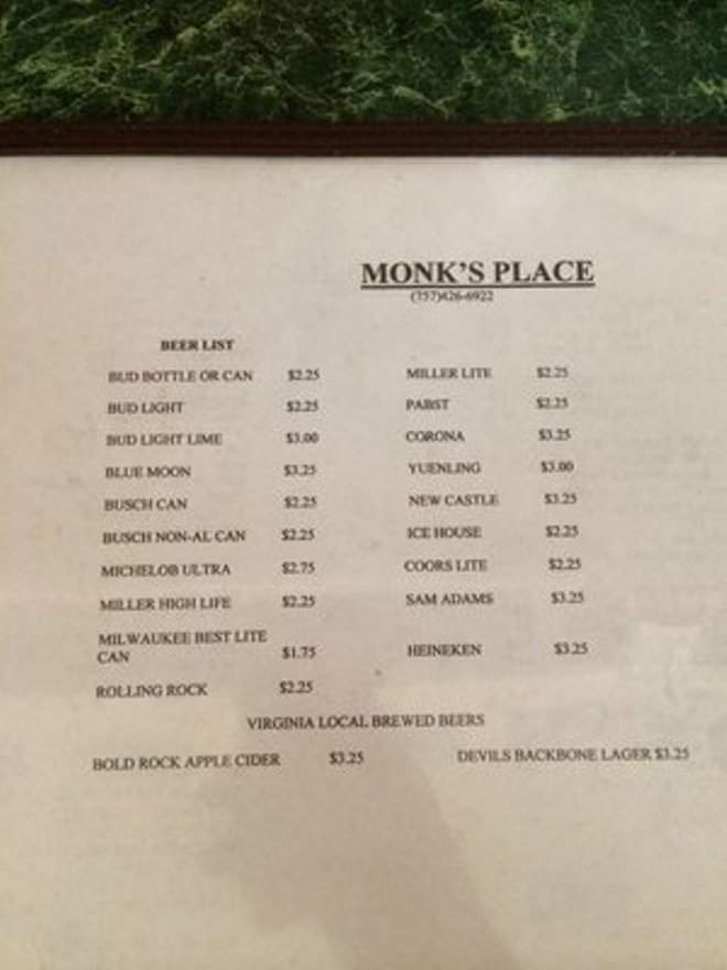 Monk's - Virginia Beach, VA menu_pic