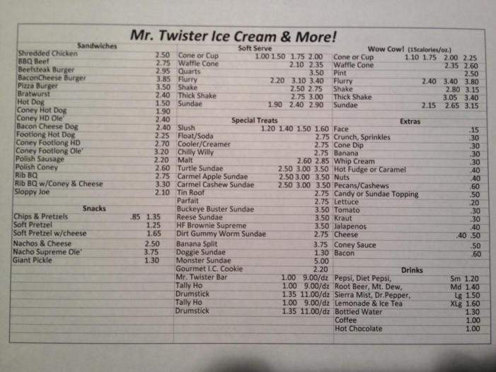 Menu Of Mr Twister In Findlay Oh 45840