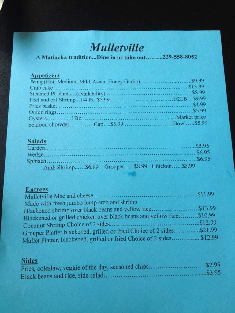 Mulletville Seafood - Matlacha, FL menu_pic