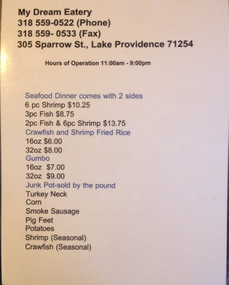 My Dream Eatery - Lake Providence, LA menu_pic