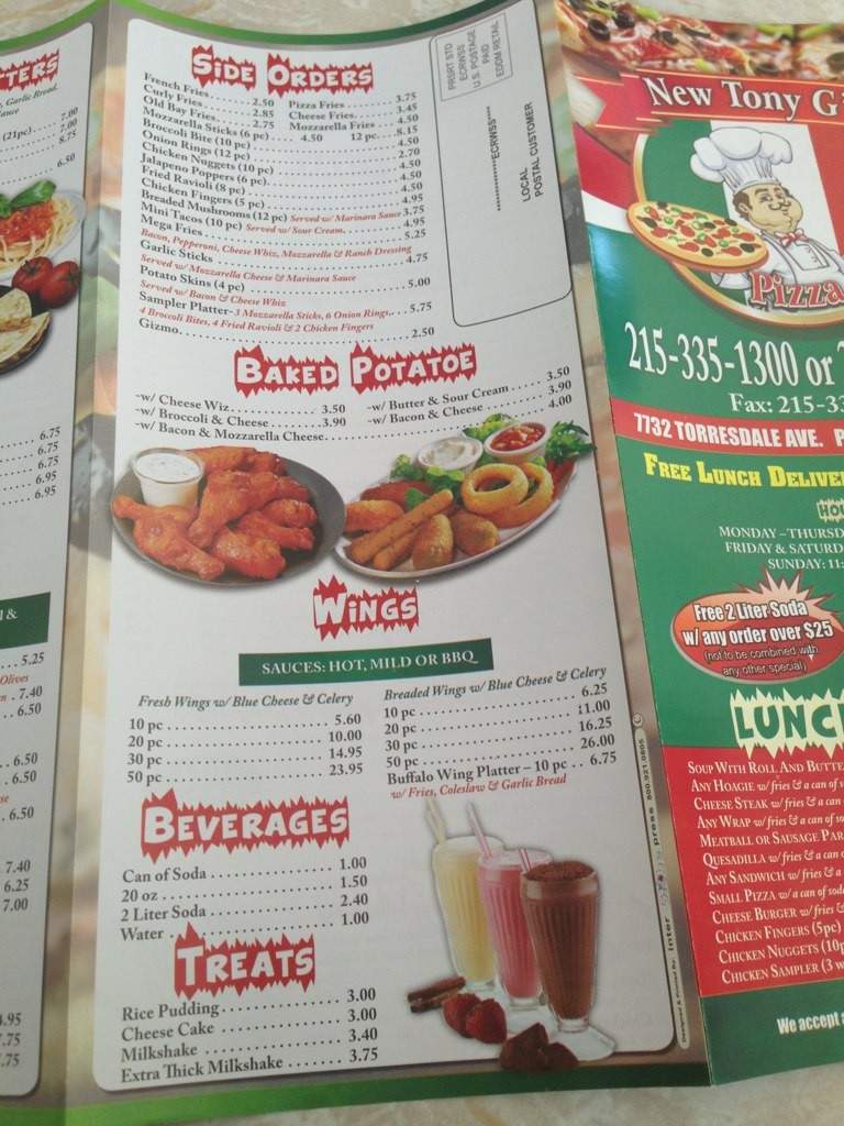 New Tony G's Pizza - Philadelphia, PA menu_pic
