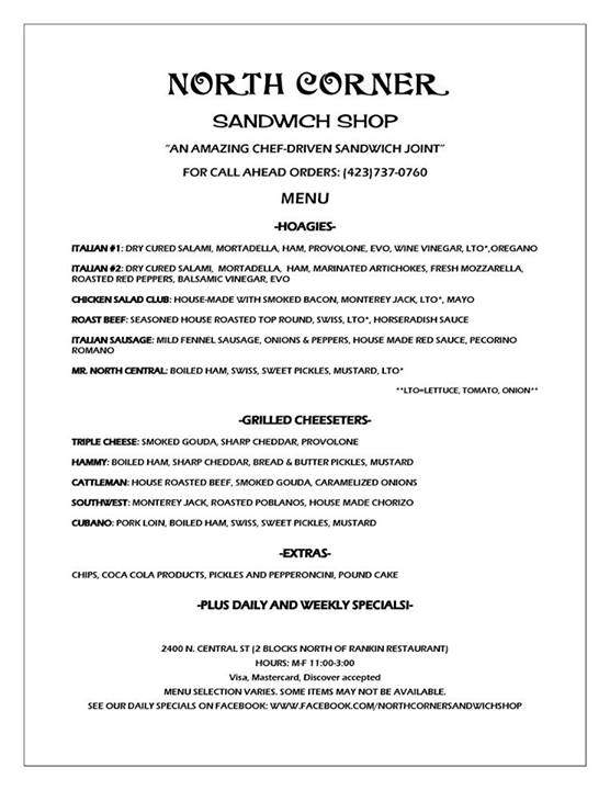 North Corner Sandwich Shop - Chattanooga, TN menu_pic