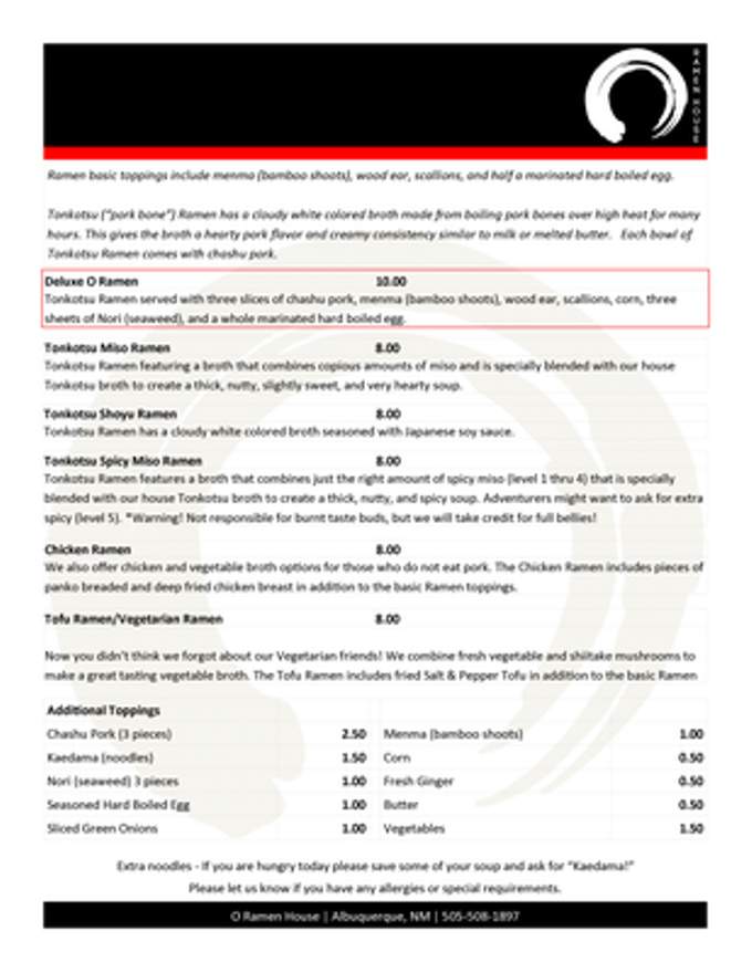 O Ramen - Albuquerque, NM menu_pic