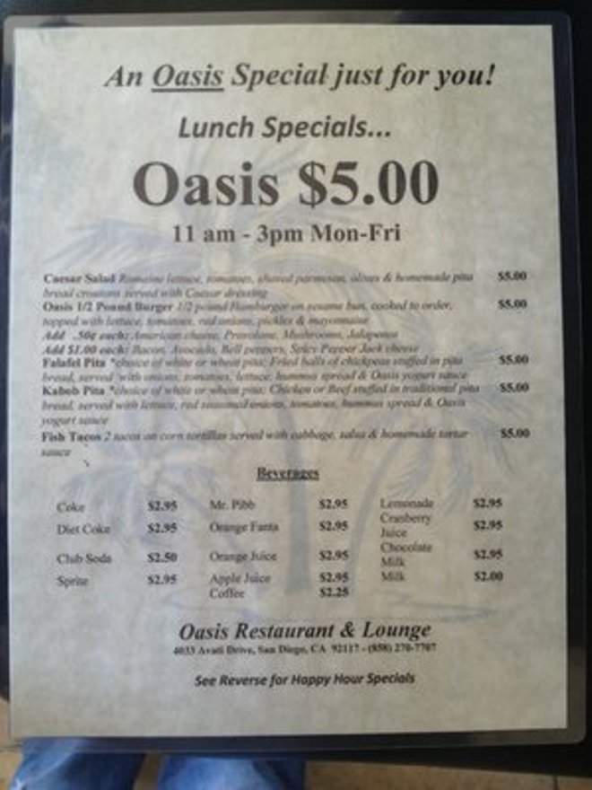 Oasis Restaurant and Lounge - San Diego, CA menu_pic