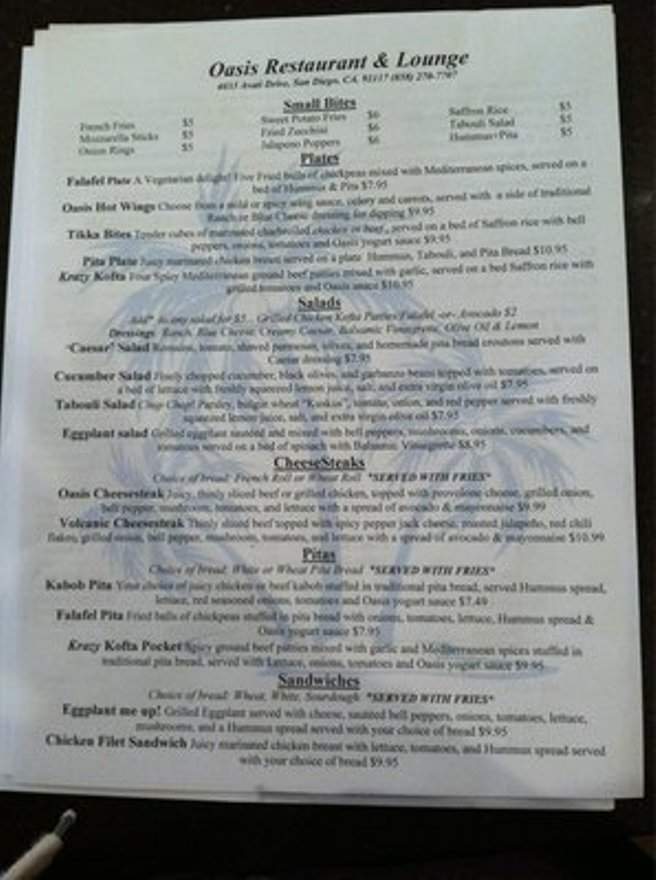 Oasis Restaurant and Lounge - San Diego, CA menu_pic