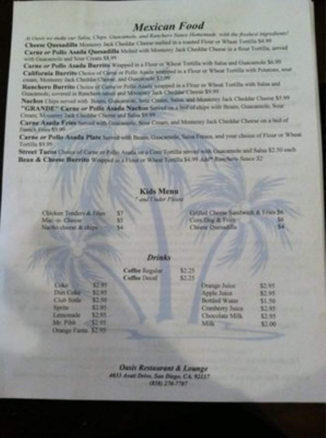 Oasis Restaurant and Lounge - San Diego, CA menu_pic