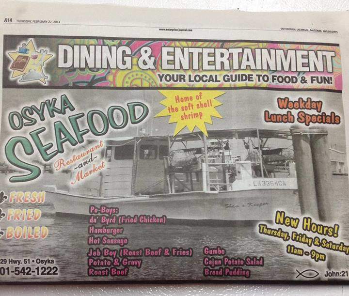 Osyka Seafood Restaurant - Osyka, MS menu_pic
