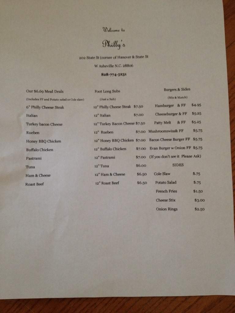 Philly's Restaurant - Asheville, NC menu_pic