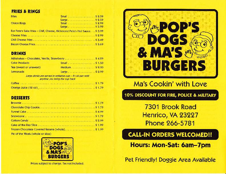 Pop's Dogs and Mom's Burgers - Richmond, VA menu_pic