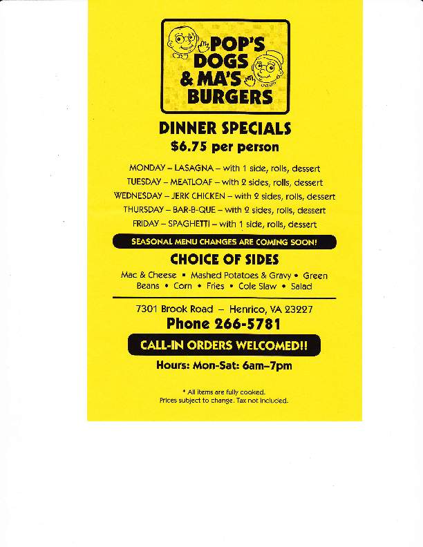 Pop's Dogs and Mom's Burgers - Richmond, VA menu_pic