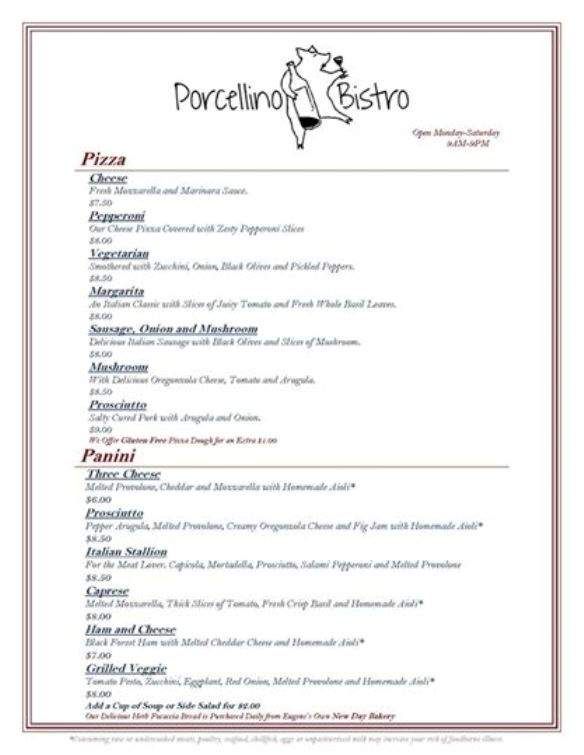Porcellino bistro - Eugene, OR menu_pic