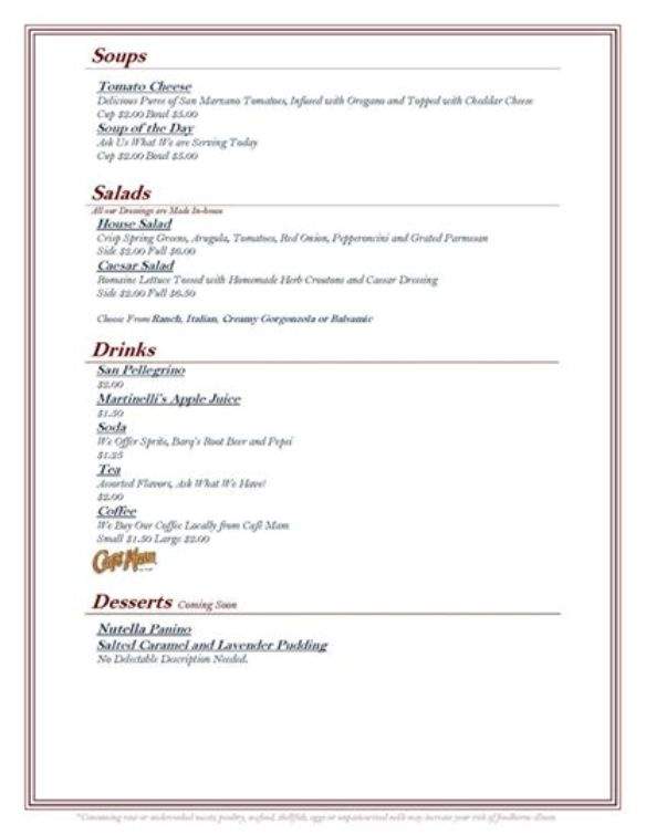 Porcellino bistro - Eugene, OR menu_pic
