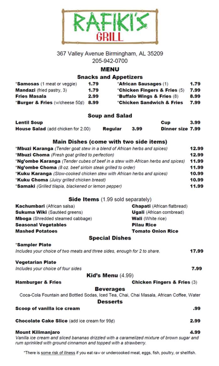 Rafiki's Grill - Birmingham, AL menu_pic