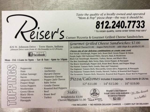 Reiser's Corner Pizzeria & Sandwiches - Terre Haute, IN menu_pic