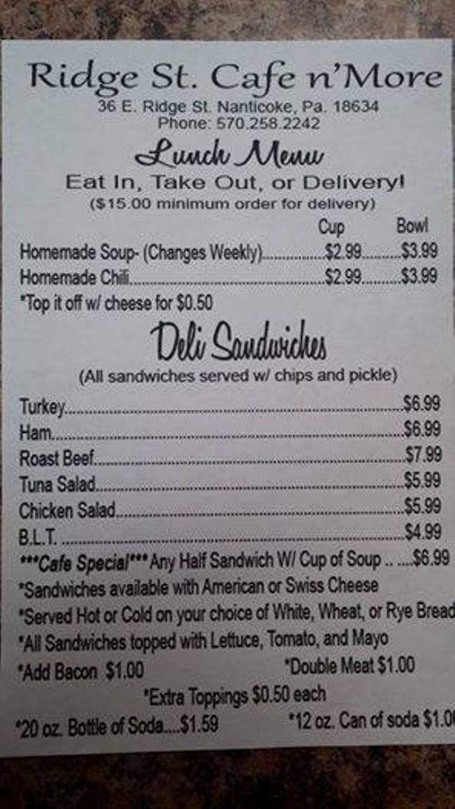Ridge St. Cafe n'More - Nanticoke, PA menu_pic