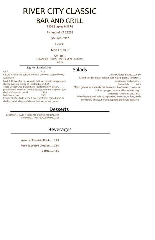 RIver City Classic Bar and Grill - Henrico, VA menu_pic